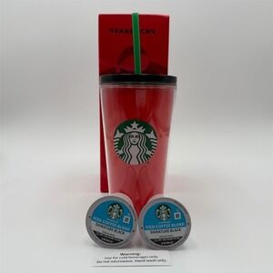 Starbucks Holiday Red Cold Cup 16 oz w/ Green Straw + 2 Iced Coffee K-Cups